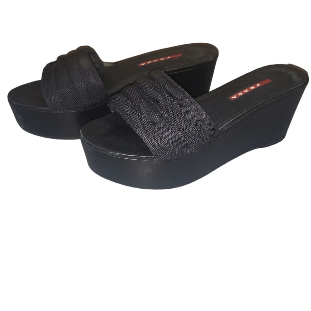 PRADA Vintage Y2K 2000s Black Mesh Leather Platform Slip-on Sandal Size 36